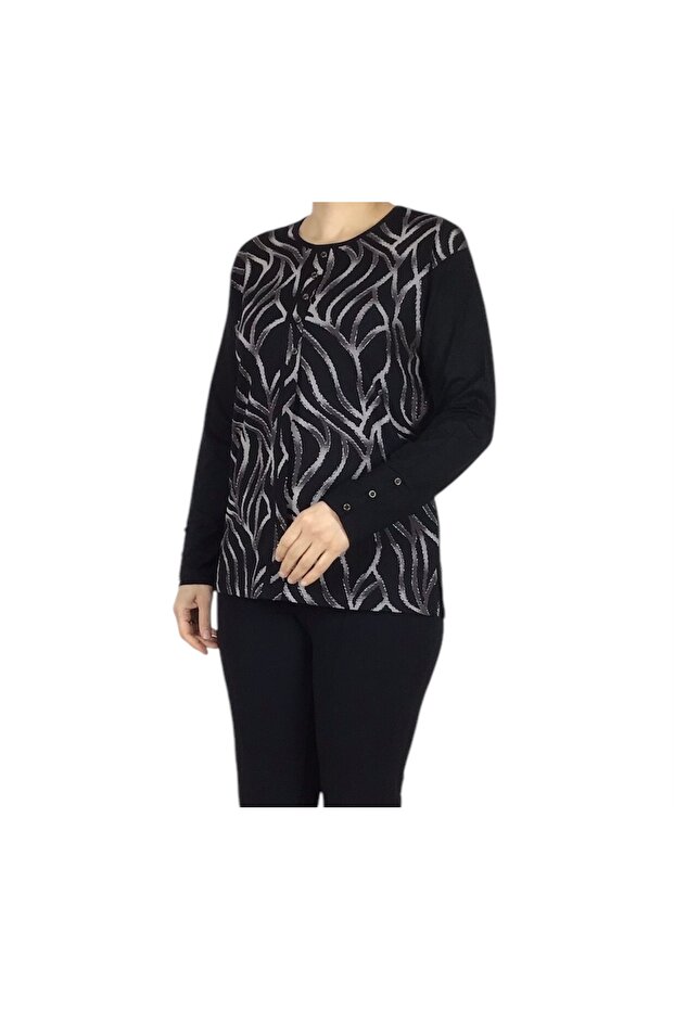 Women's Front Patterned Sleeve Button Detail Front Closed Combed Bluz-Sai̇lor3