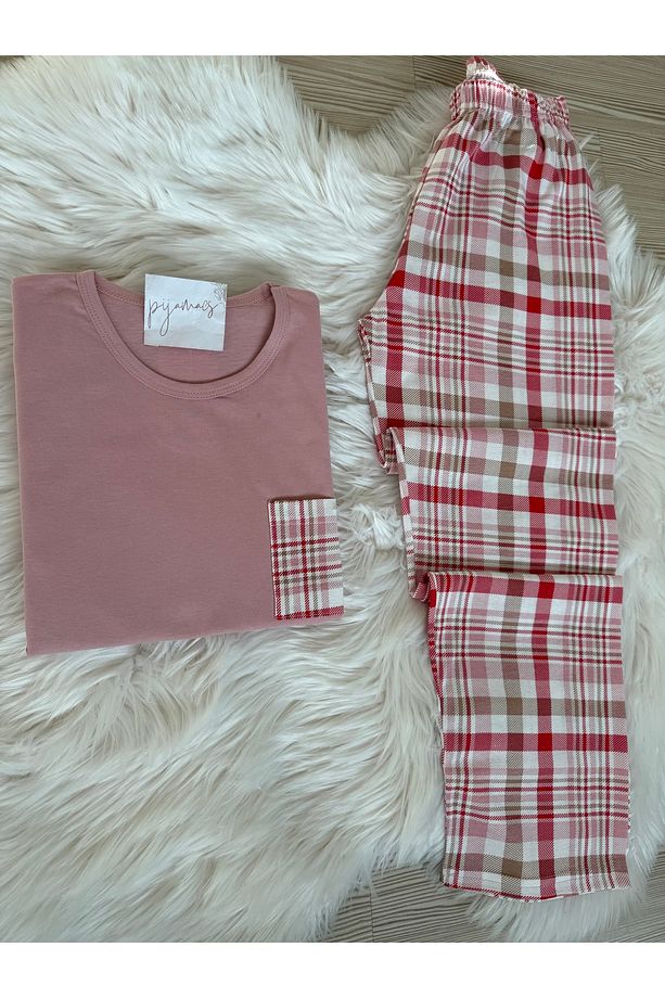 Pembe Ekose Desenli Pamuklu Uzun Kol Örme Pijama Takımı - 3