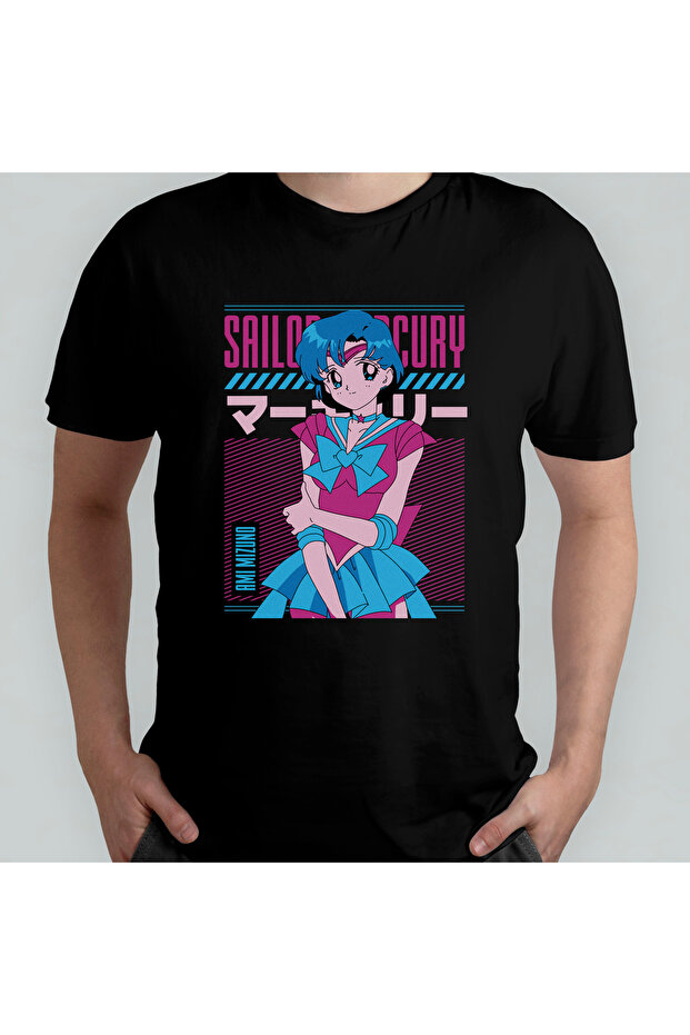 Sailor Moon Sailor Mercury Ami Mizuno_ Unisex 100% Cotton Crew Neck T-Shirt Model 2