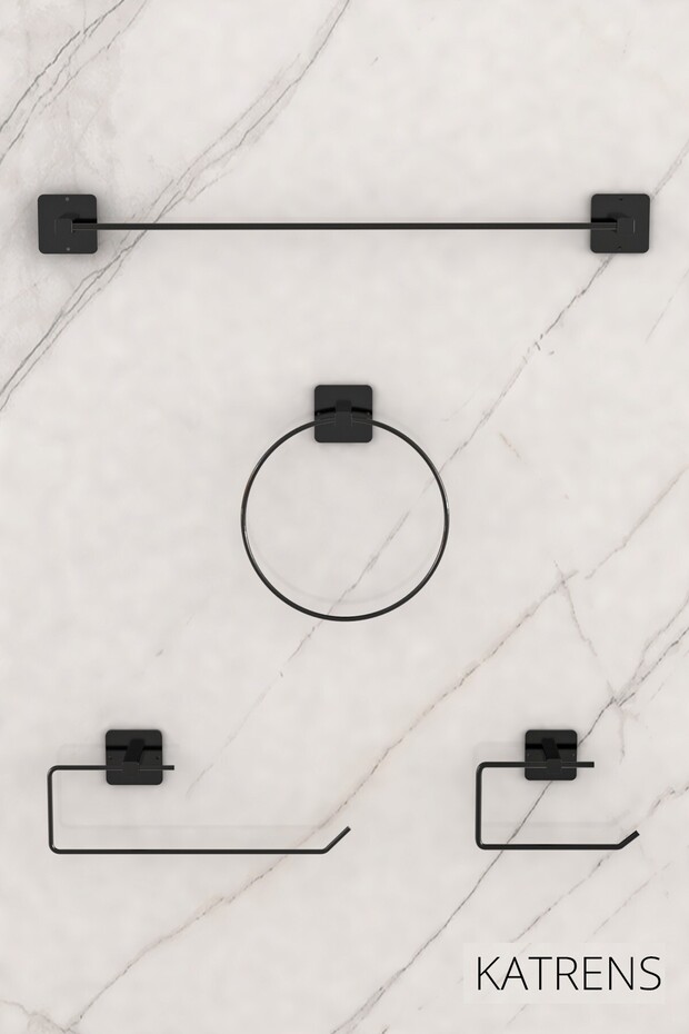 Yapışkanlı 4 Lü Siyah Banyo Set Uzun Havluluk Rulo Havluluk Wc Tuvalet Kağıtlık Yuvarlak Havluluk - 1
