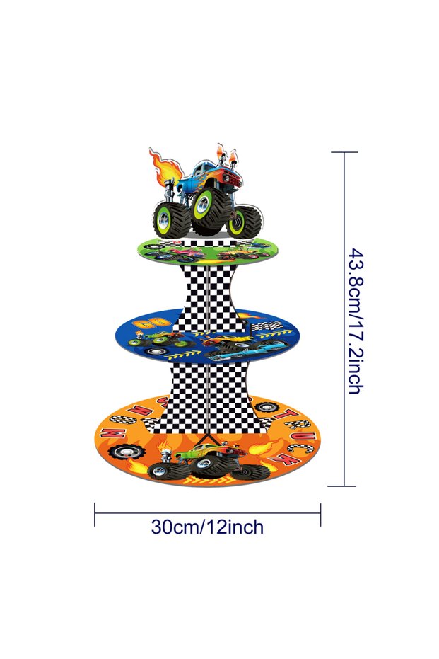 DT054 3 Tier Cartoon Racing Monster TrucK Party Cake Display Stand Racing Car Game Cupcake Rack Hold