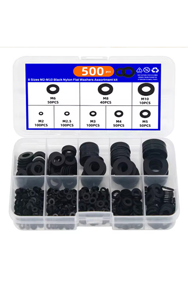 500PCS black 500PCS 8 Sizes M2-M10 Black Nylon Flat Washers Assortment kit M2 M2.5 M3 M4 M5 M6 M8 M1