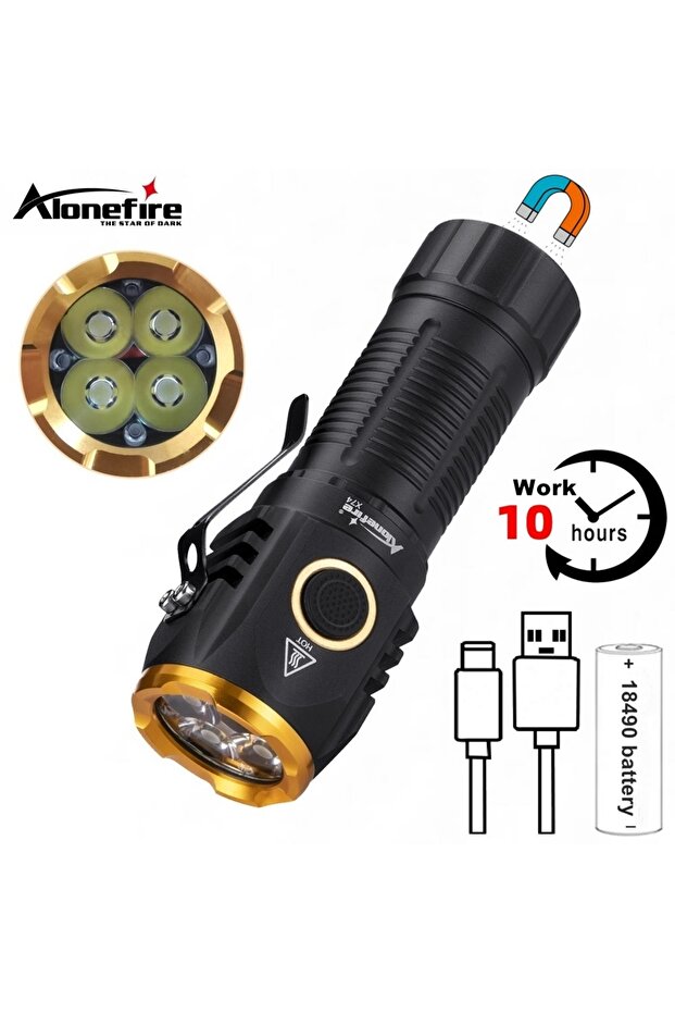 X74-ضوء أبيض 4 × مصباح يدوي صغير عالي السطوع مزود بمنفذ USB قابل لإعادة الشحن ومحمول ومصباح مغناطيسي خلفي خارجي