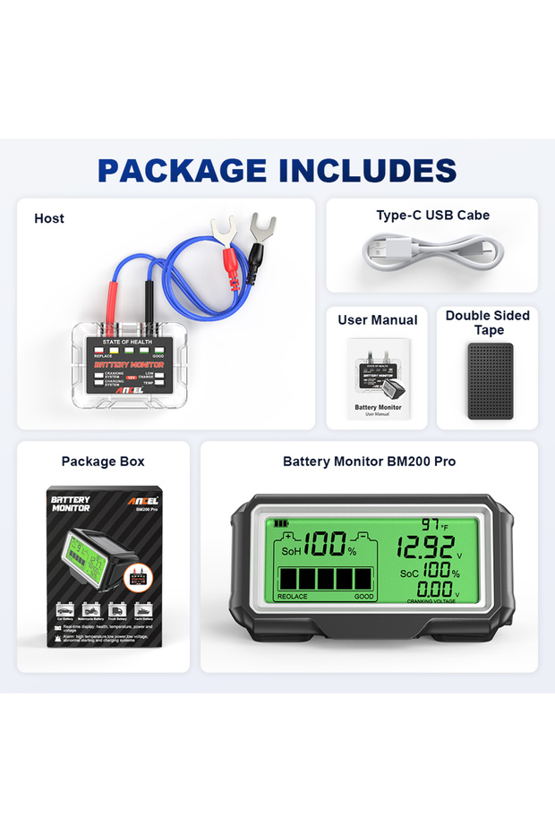 ANCEL BM200 Pro ANCEL BM200 PRO 12V Car Battery Capacity Tester Monitor LED Display Waterproof SOH S
