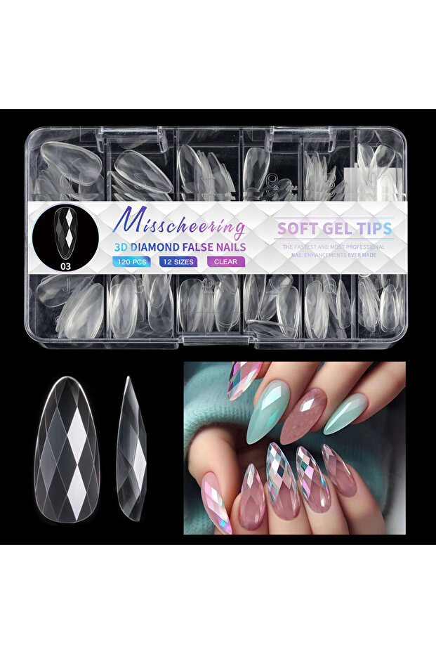 03 120Pcs 120/140Pcs 3D Diamond Almond Ballet Coffin False Nails Clear Press On Nails For Acrylic Ge