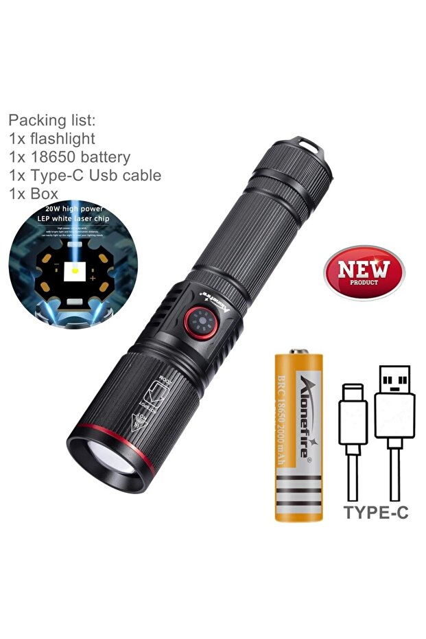 مصباح زووم أسود 18650 بطارية 20 وات زووم شعاع دائري LED مصباح يدوي قوي قابل لإعادة الشحن عبر USB Ca