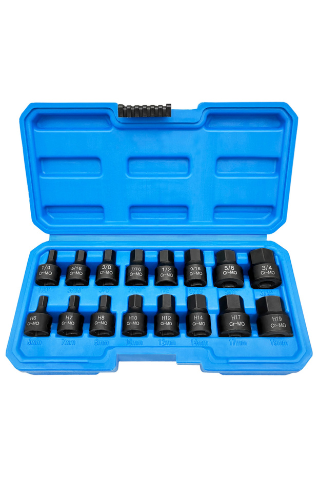 3/8 Inch Drive Low Profile Impact Hex Driver Set 16 Pcs SAE/Metric 1/4-3/4 Inch 6-19mm Cr-Mo Stee...