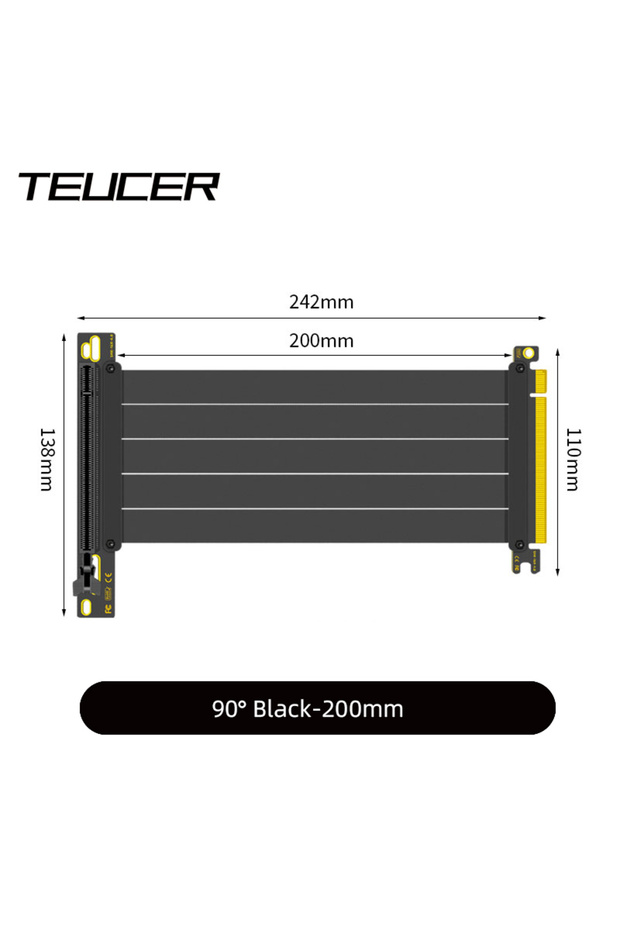 كابل PCI-E 4.0 أسود بطول 20 سم من TEUCER PCI-E 4.0 X16 Riser لبطاقة الفيديو، محمي من التداخل الكهرومغناطيسي، مرن وعالي السرعة