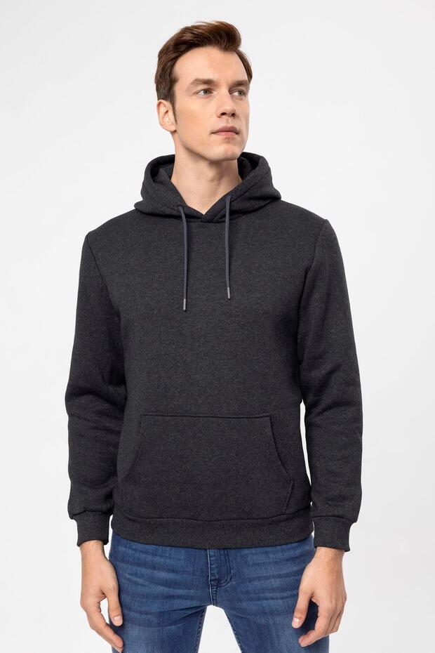 Kapişonlu Yaka Regular Düz Sweatshirt - 1