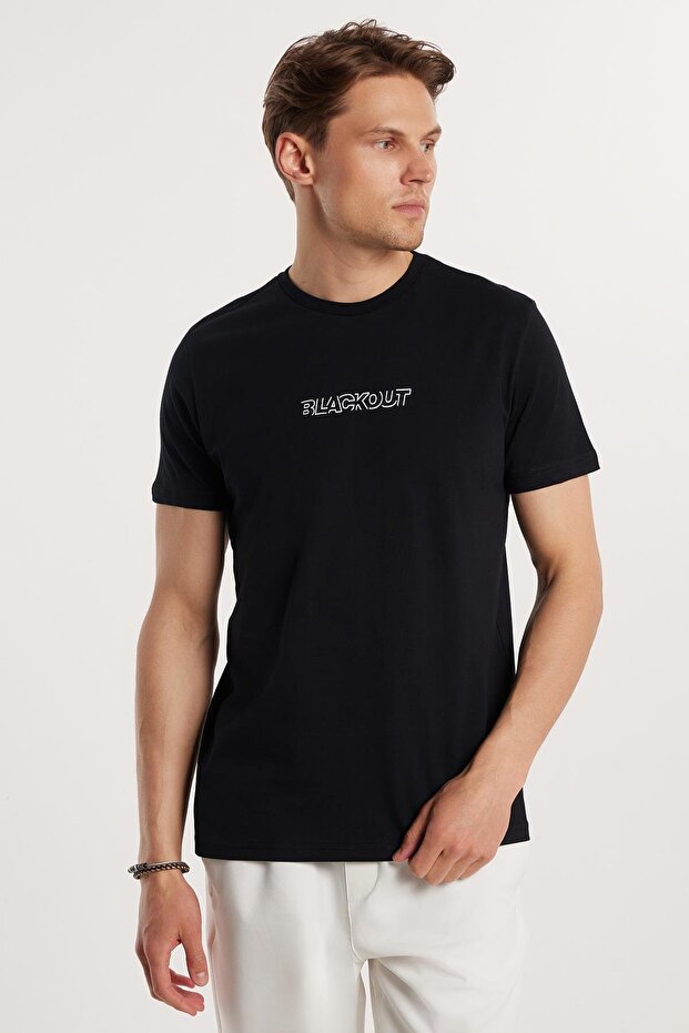 Men's Slim Fit Slim Fit 100% Cotton Soft Texture Printed Black Crew Neck T-Shirt