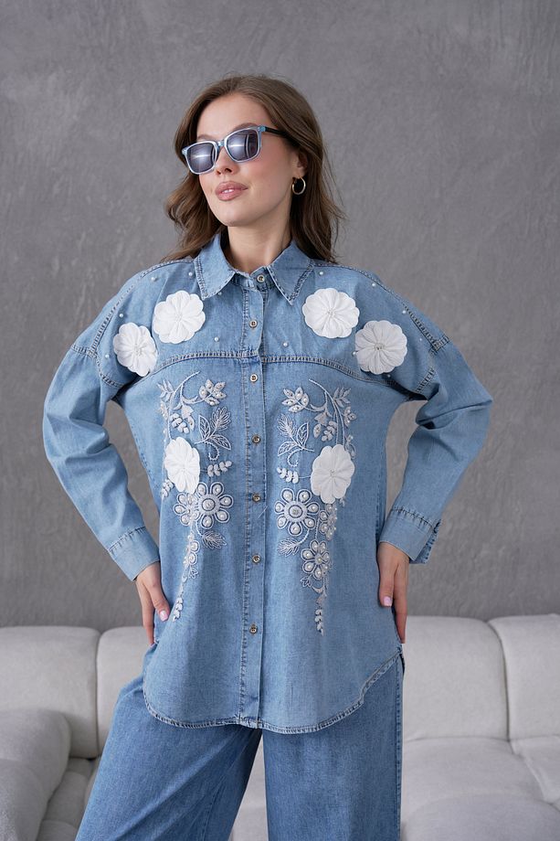 Kadın Önü Nakışlı Çiçek Ve Taş Süslemeli Kot Gömlek Ve Kot Pantolon Alt Üst Takım - 2