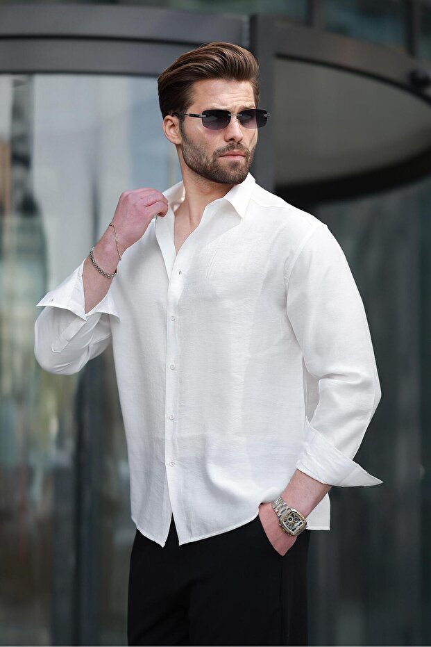 Beyaz Basic Uzun Kollu Erkek Gömlek E6762 - 3