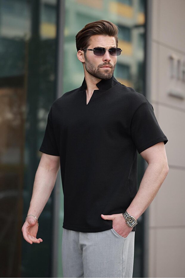 تي شيرت أسود بياقة بولو للرجال E7145 - 4