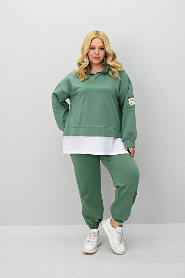 Women's Large Size Long Sleeve Hooded Rubber Leg Sweatpants Set 8180-25