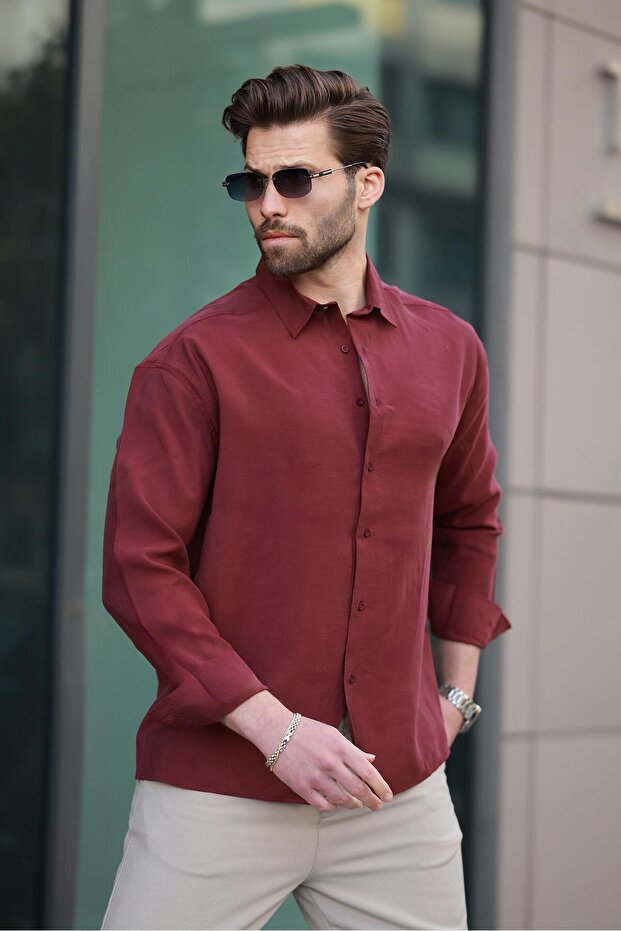 Bordo Basic Uzun Kollu Erkek Gömlek E6762 - 2