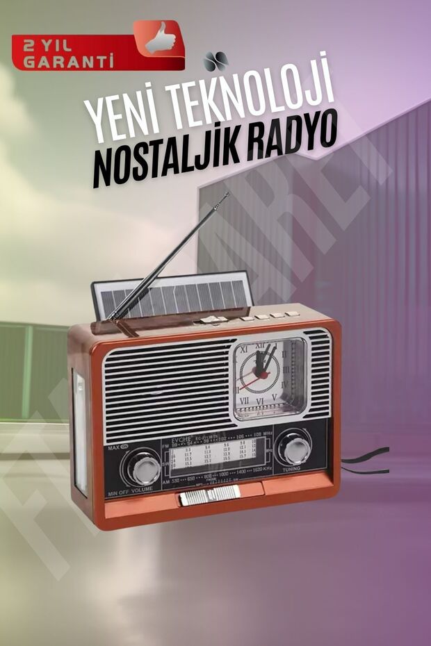Taşınabilir Retro Radyo Bluetooth Bağlantılı, Saatli ve Fenerli - 1