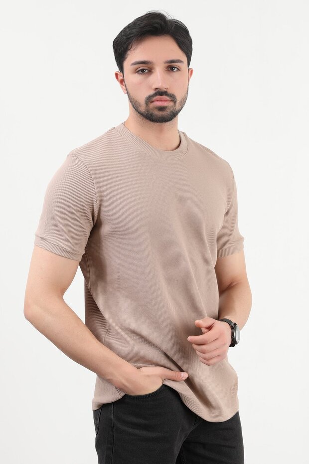 Men's bicycle collar waffle fabric textured t-shirt mink - 2709