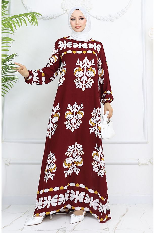 Viskon Kumaş Kolu Lastikli Desenli Elbise 0046-02 Bordo - 2