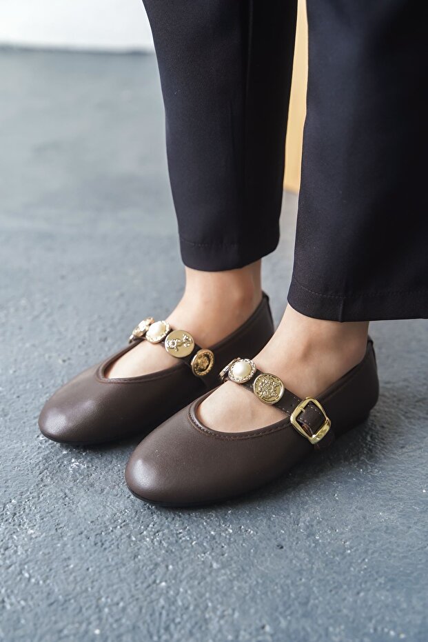 Kadın Venily Pullu Düz Babet - Kahve-Deri - 2