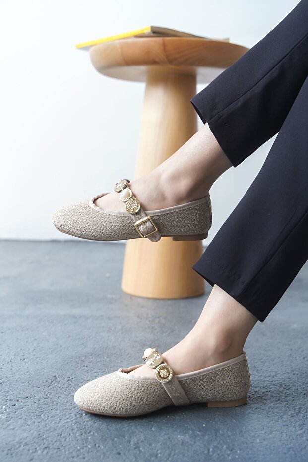 Kadın Venily Pullu Düz Babet - Ten - 2