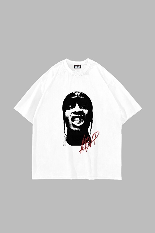تيشيرت أبيض كبير الحجم للجنسين من A$AP Rocky Face مطبوع