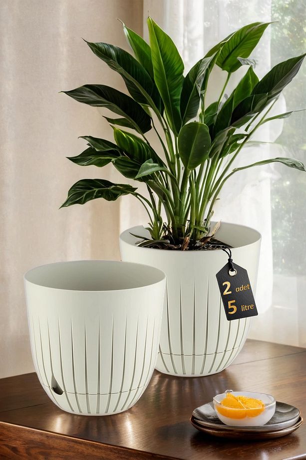 2 Adet Çizgi Saksı Seti 5 Litre Plastik Delikli Tabaklı Çiçek Saksısı Set - 4