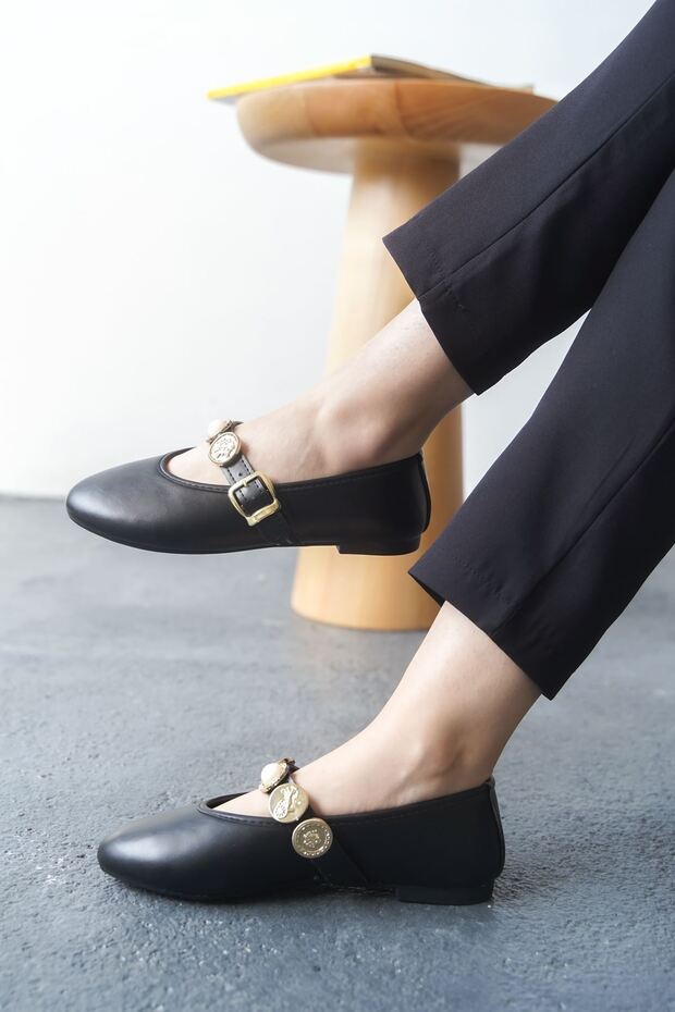 Kadın Venily Pullu Düz Babet - siyah-deri - 1