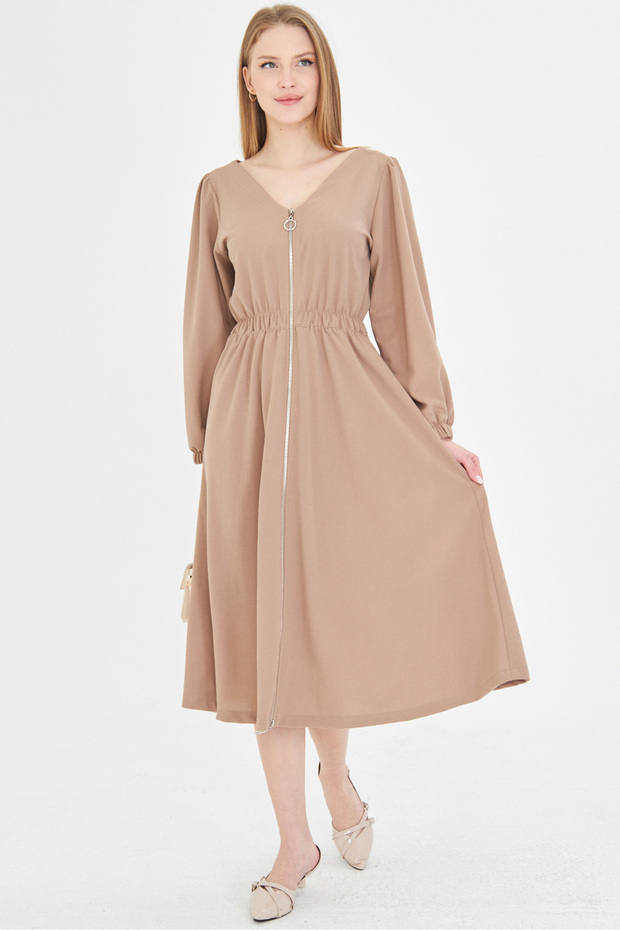 Women's mink front back v-neck front zipper long sleeve midi dress arm-25y001002