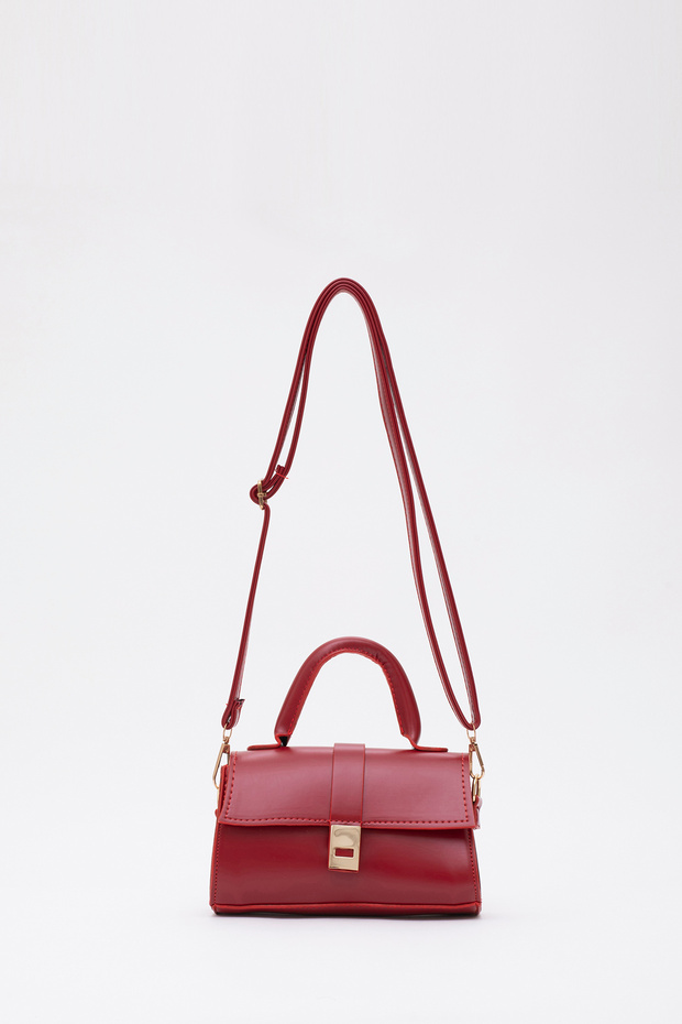 Red Shk109 Faux Leather Women's Hand, Arm and Shoulder Bag with Snap Fasteners and Adjustable Strap U:11 E:19 G:7 C