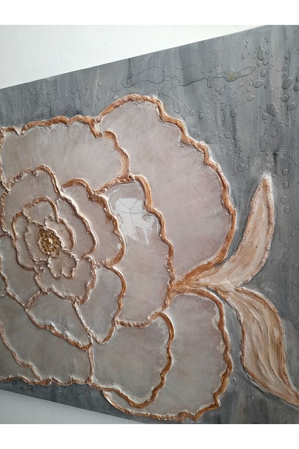 El Yapımı 3D Alçı Simli Çiçek Tablosu Epoksi Kalp Detaylı Dekoratif Sanat (100x70 cm) - 5