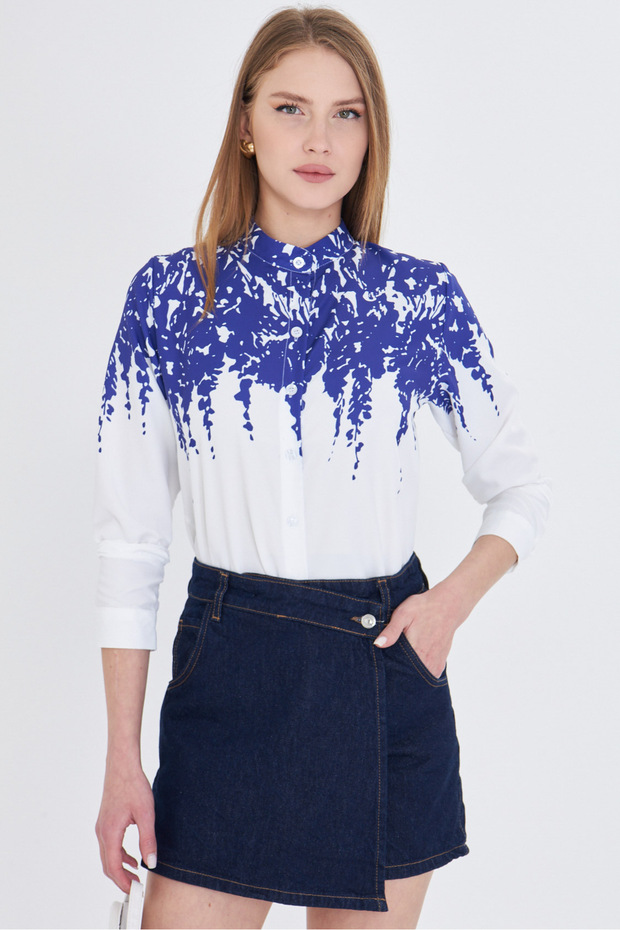 Women's Navy Blue Judge Collar Patterned Shirt Arm-25Y 001013