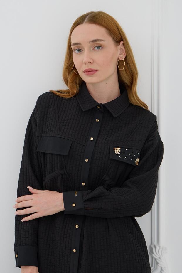 Büzgü Detaylı Kapitone Gömlek - Siyah - 7