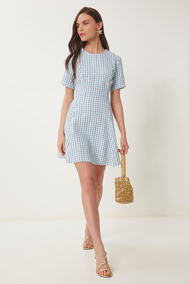 Mini Flared Tweed Dress - Button Detail Sky Blue Lus0106
