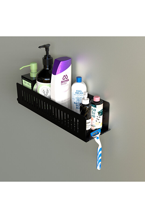 Modern Bathroom Shower Shelf, Metal, 37X10 Cm, Black, with Shampoo and Toothbrush Holder