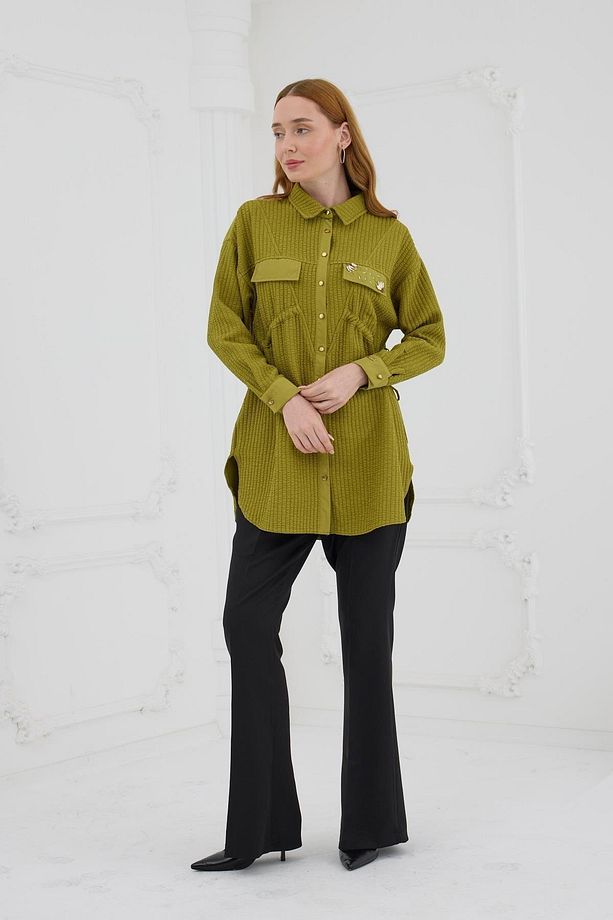 Büzgü Detaylı Kapitone Gömlek - Olive - 3