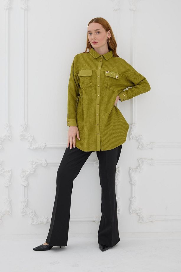 Büzgü Detaylı Kapitone Gömlek - Olive - 2