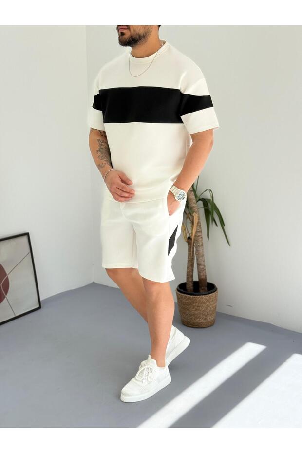 Black White Men's Scuba Fabric Shorts T-Shirt Bottom Top 2 Piece Set