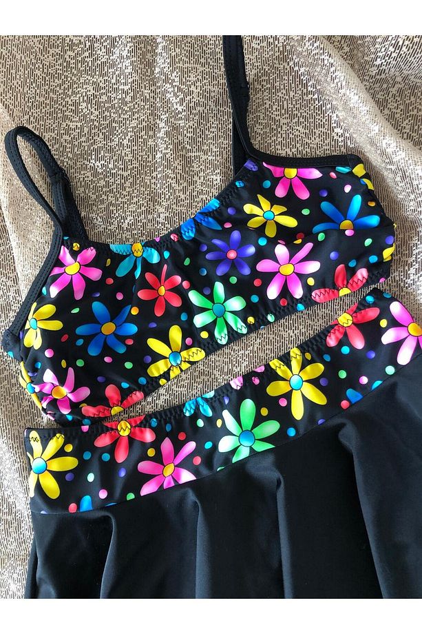 Kız Çocuk Garson Esnek Ayarlanabilir Askı Siyah Renkli Desenli Etekli Bikini Takım - 7