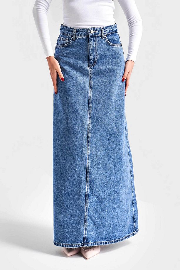 Kadın Kot Rengi 3S5-4 Çan Kesim %100 Koton Maxi Boy 100 cm Denim Etek - 5