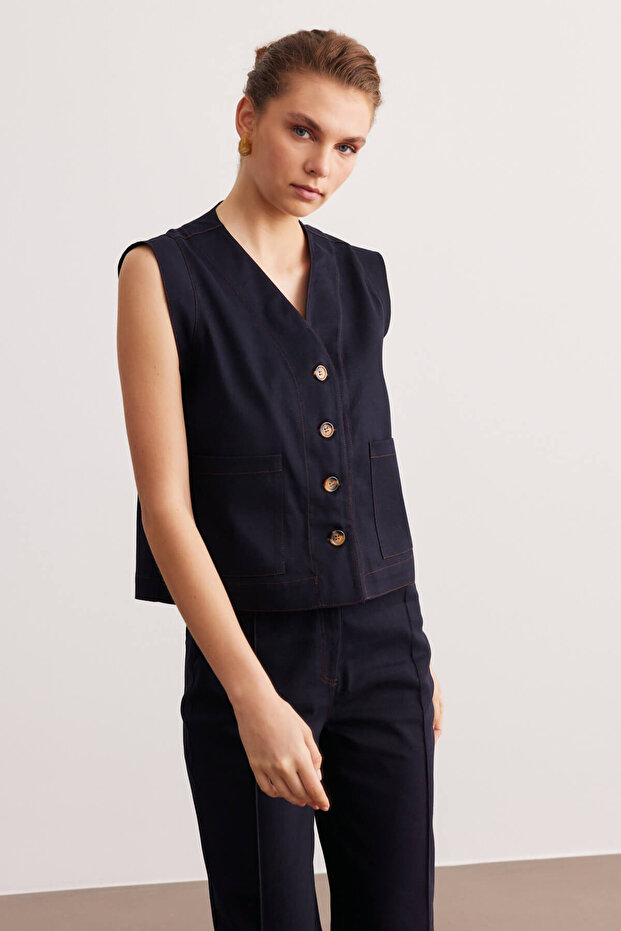 Navy Blue Stitching Detailed Unlined Gabardine Vest
