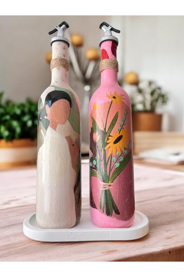 Native Women and Pink Flower Motif Special Design Oil Pot-Vinegar Pot Sauce Bowl Set Home-Kitchen Decor