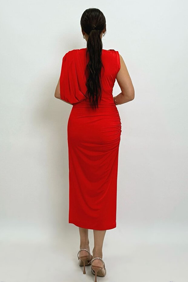 Drape detaylı örme elbise - 4