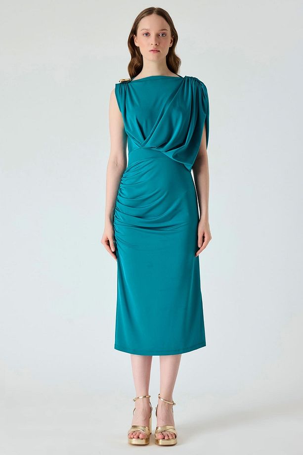 Drape detaylı örme elbise - 1