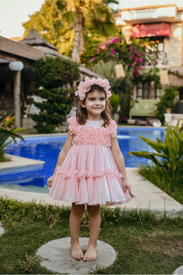 Girl's Special Occasion Evening Dress - Ruffled Design, Crown Accessory