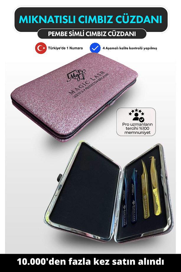 Pembe Simli Mıknatıslı Ipek Kirpik Cımbız Cüzdanı Şık Ve Güvenli Saklama Çözümü - 1