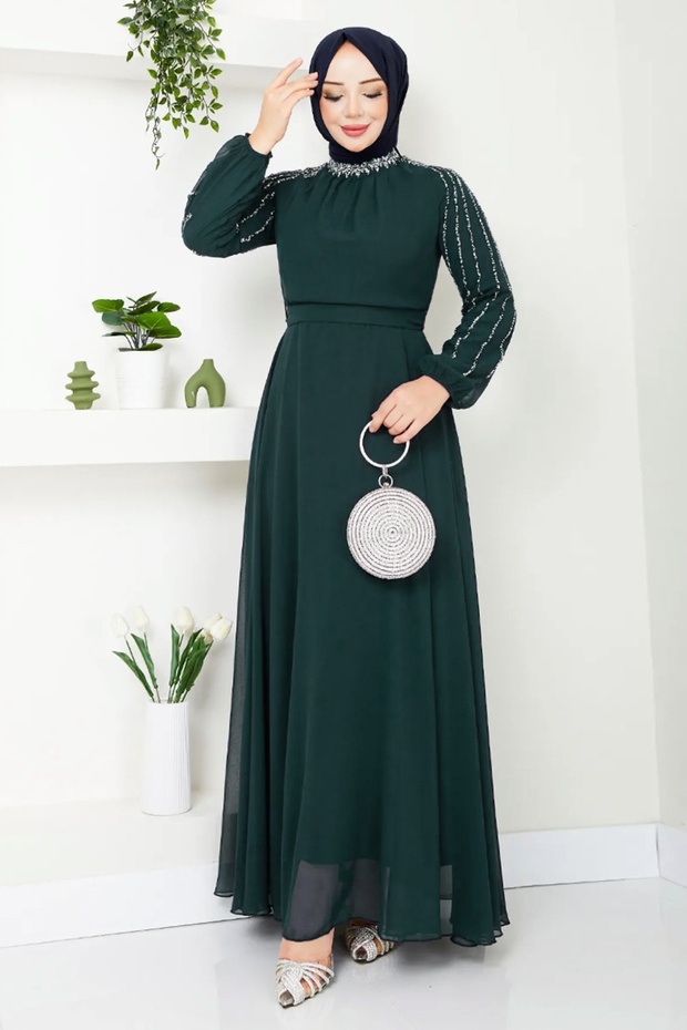 Sweeheart Embroidered with Stones Sleeves Sequined Emerald Green Chiffon Evening Dress