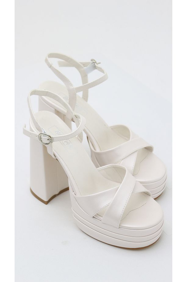 SEDEF CİLT ÇAPRAZ BANT ARKASI AÇIK ÇİFT PLATFORM ABİYE AYAKKABI 12CM - 6