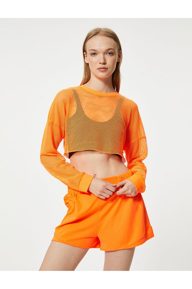 Oversize File Spor Tişört Crop Uzun Kollu Bisiklet Yaka - 1