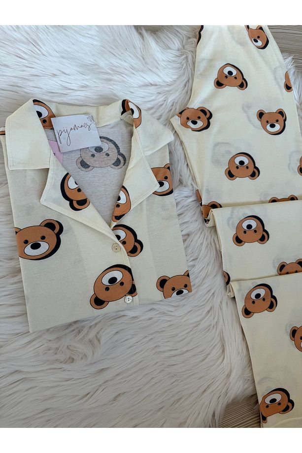 Krem Ayıcık Desenli Pamuklu Kısa Kol Gömlek Yaka Pijama Takımı - 3