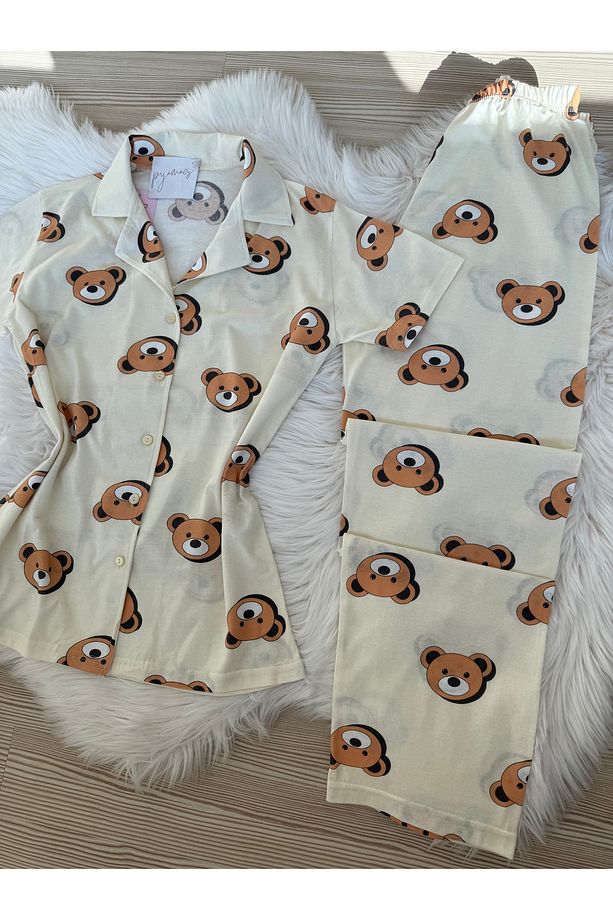 Krem Ayıcık Desenli Pamuklu Kısa Kol Gömlek Yaka Pijama Takımı - 7